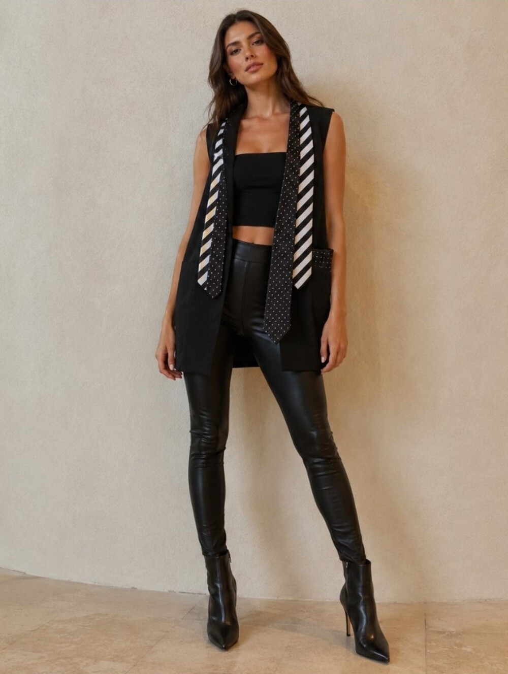 MemJS Roma Black Long Vest with Necktie Details